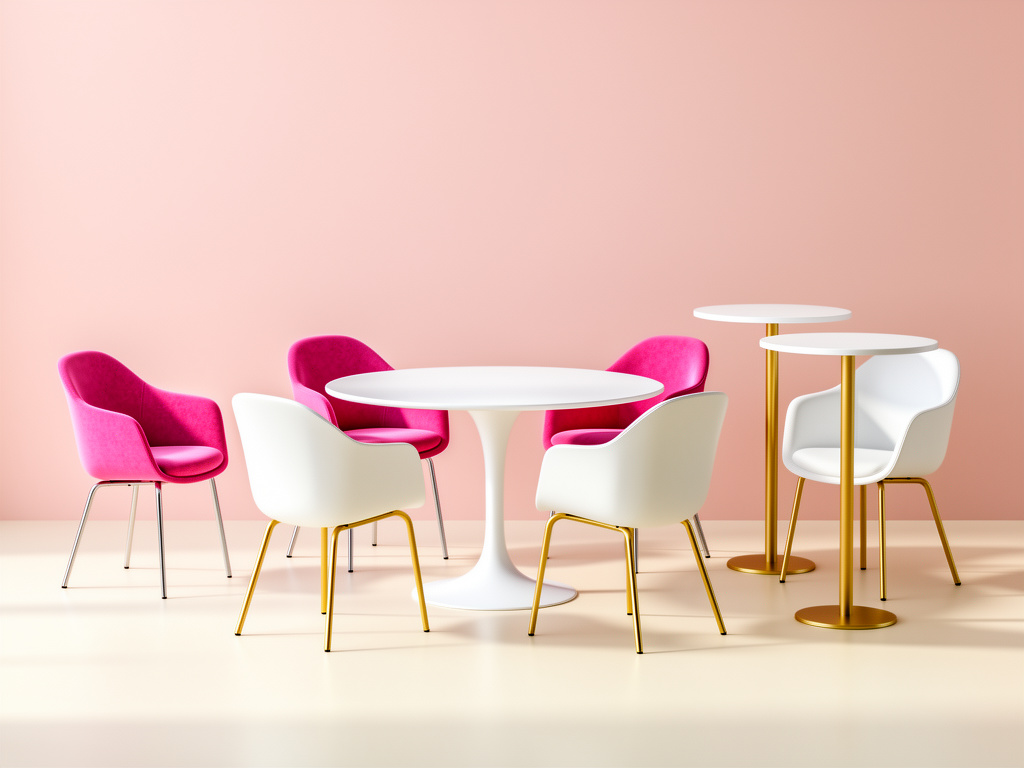 Concept illustration of child-size and adult event seating arranged around dining and cocktail tables.