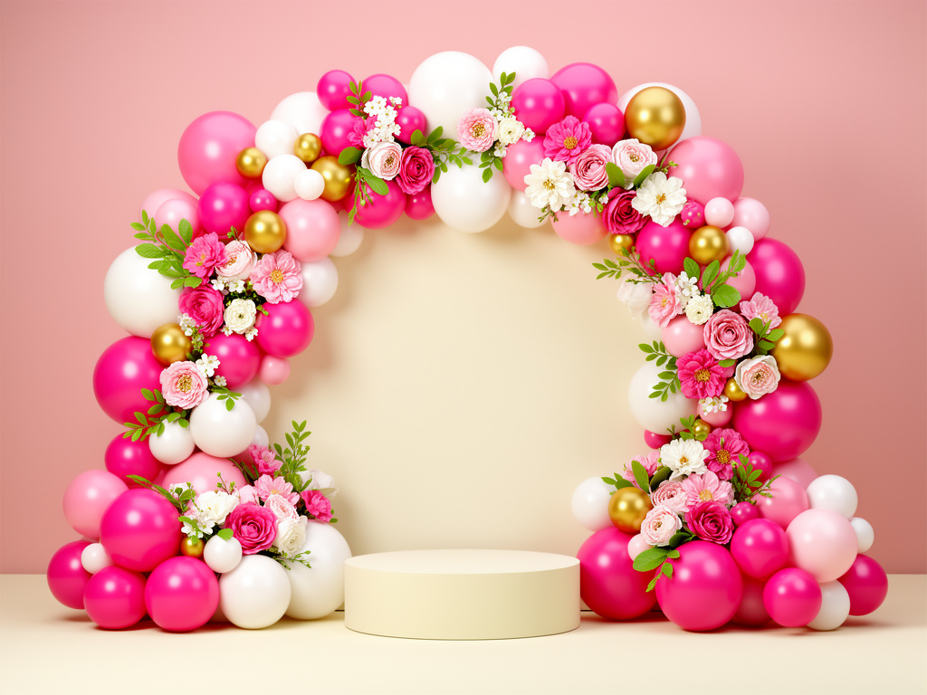 Concept illustration of a vivid pink, cream, and gold balloon-and-floral installation.