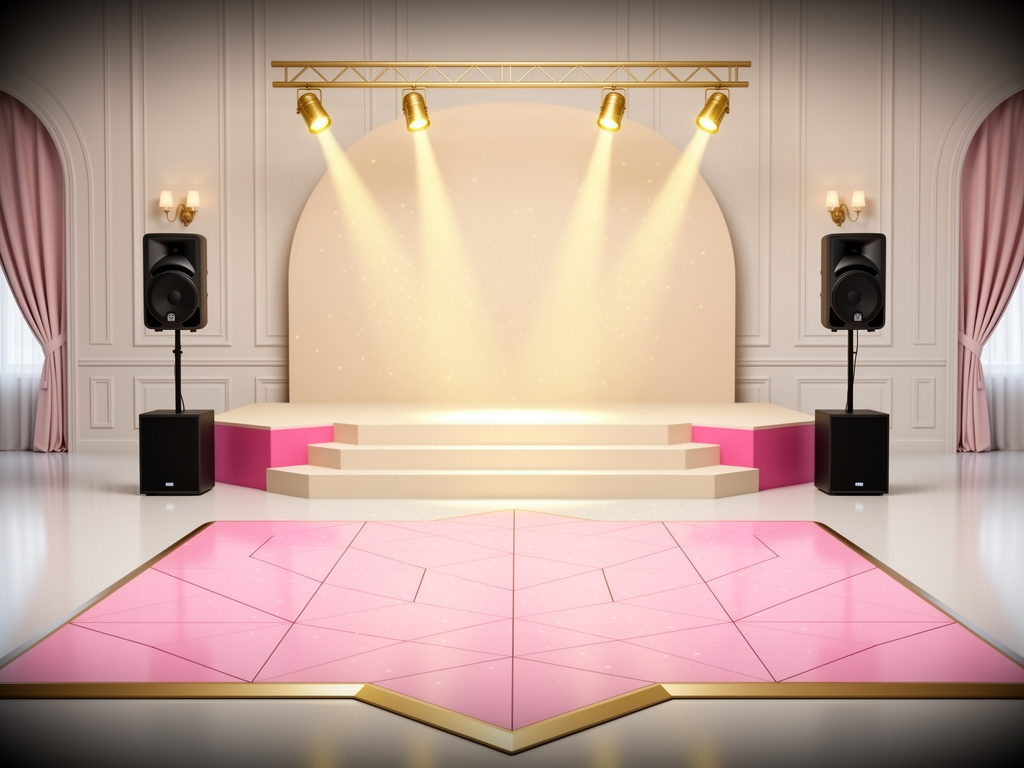 Concept illustration of a pink dance floor with stage risers, speakers, and warm spotlights.