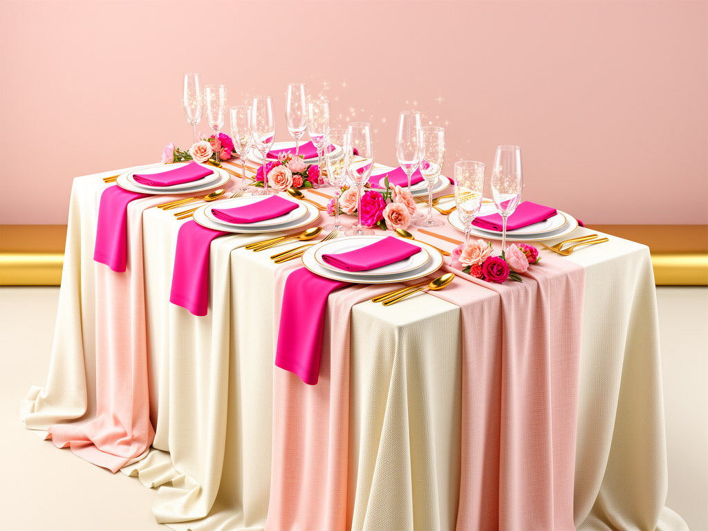 Concept illustration of a blush-and-ivory tablescape with layered linens, charger plates, gold flatware, and glassware.