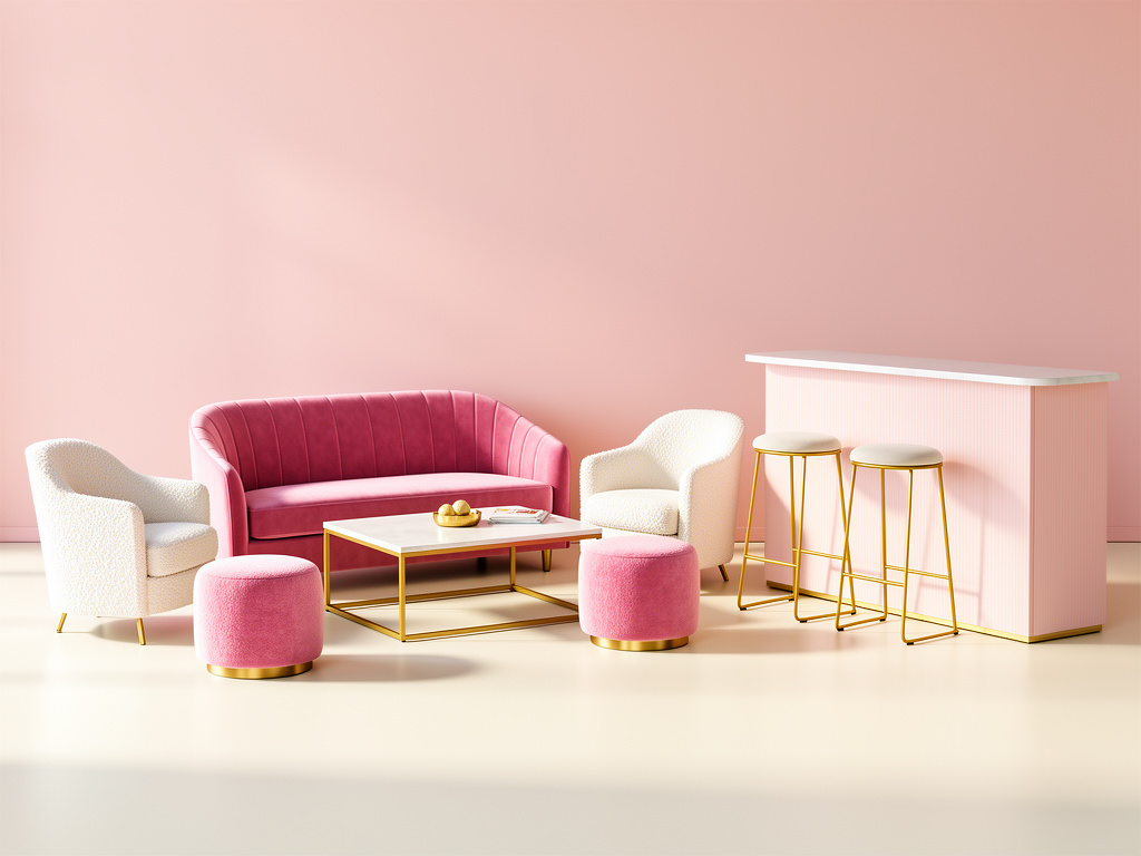 Concept illustration of a blush lounge grouping beside a bar counter and stools.