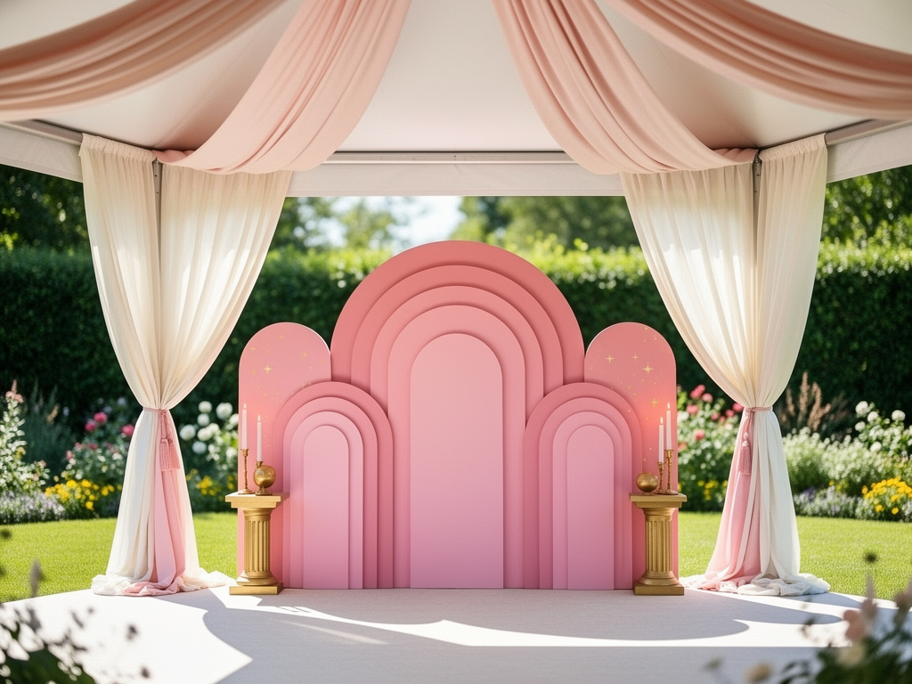 Concept illustration of soft tent draping framing layered blush backdrop panels.